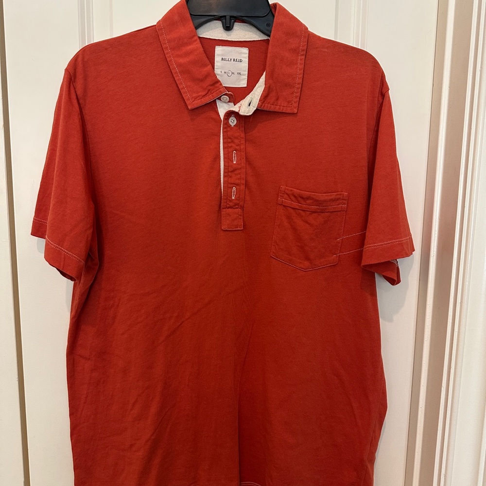 Billy Reid Brick Red Short-Sleeve Polo with Chest Pocket